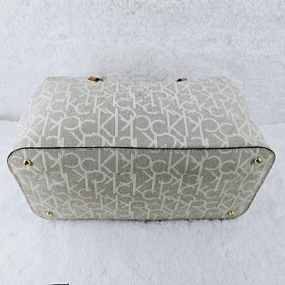 Calvin Klein Large Tan Monogram Shoulder Bag Shopper Tote with Tan Trim - Picture 12 of 16